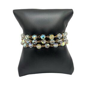 VTG Aurora Borealis AB Bracelet Triple Strand Iridescent Cut Glass Box Clasp